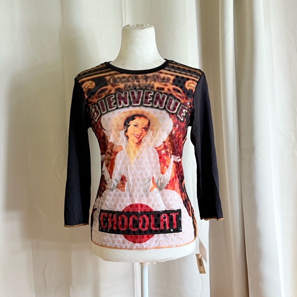 Vintage deadstock 90s chocolate sequin print top with 3/4 sleeves